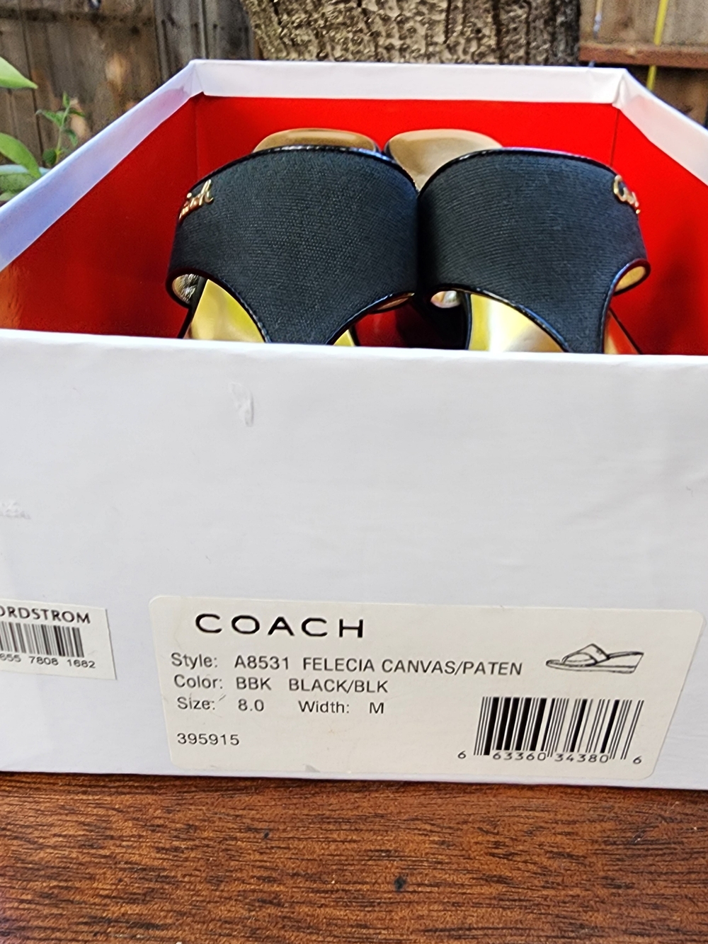 COACH Black Patent Leather Gold Metallic Thong Wedge Sandals Size 8 - Picture 2 of 11